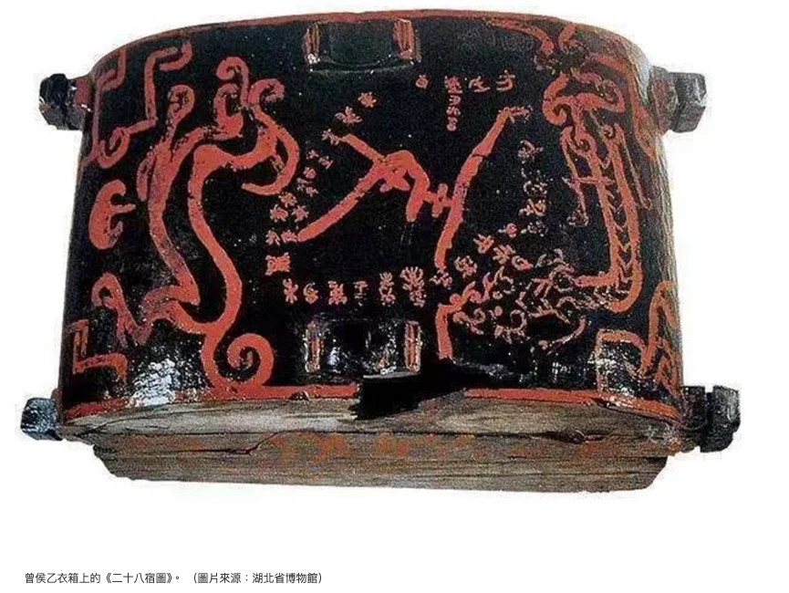 曾侯乙墓漆箱上的二十八宿圖：中央「斗」字環繞二十八宿全部名稱，兩側繪青龍、白虎，約西元前 433 年，是目前已知最早的二十八宿完整名稱實物。